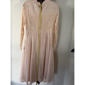 Roiiii A-Line Dress Floral Lace Chiffon High Neck Midi Long Sleeve dress.